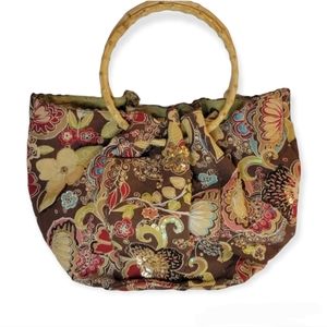 Tianni Boho Brown Floral Beaded Bamboo Handle Handbag, EUC
